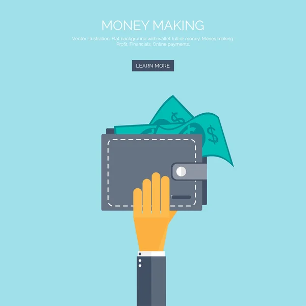 Vektör çizim. Düz arka plan ile el ve cüzdanı para dolu. Online alışveriş. Tıklama başına ödeme. Para yapma.