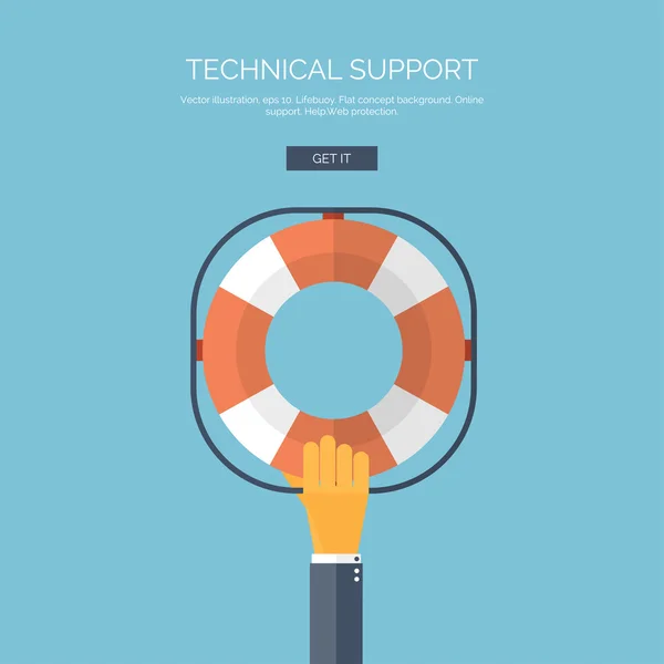 Vectorillustratie. Platte achtergrond met hand en reddingsboei. Technische ondersteuning concept. On line help. — Stockvector