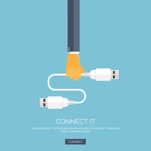 Illustrazione vettoriale. Fondo piatto con mano e cavo usb. Collegamento. Contesto concettuale di Internet e comunicazione globale . — Vettoriale Stock