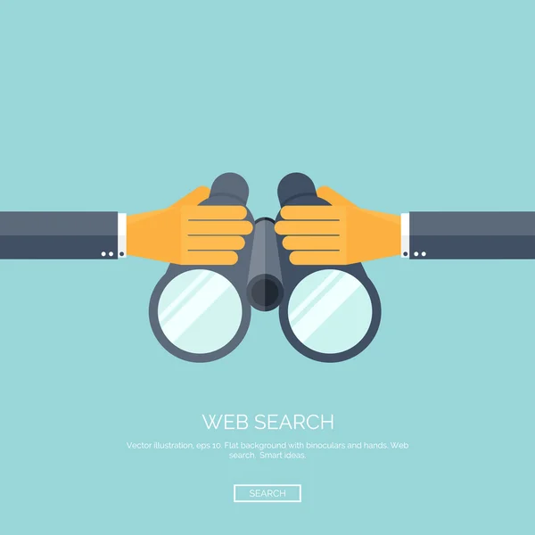 Vector illustration. Flat background with hand and binocular. Web search concept background. Find information. — Stock Vector