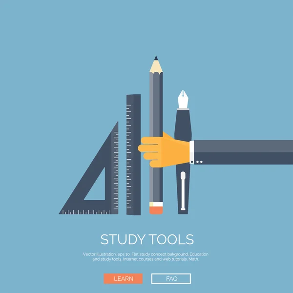 Vector illustration. Flat background with hand and ruler, pencill, pen. Study tools. Back to school. Learning. — Stock Vector