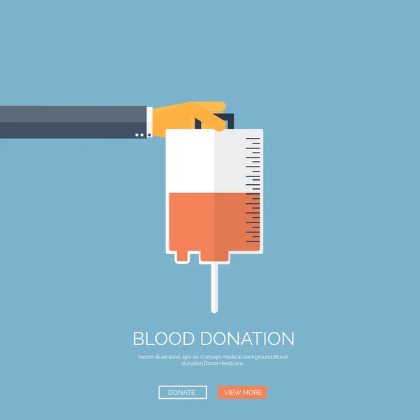 Vector illustration. Flat background with hand and blood container. Blood donation. — Stock Vector