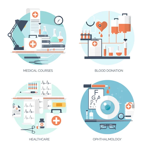 Vector illustration. Flat medical and chemical background. Research, experiment. Healthcare, first aid. — Stock Vector