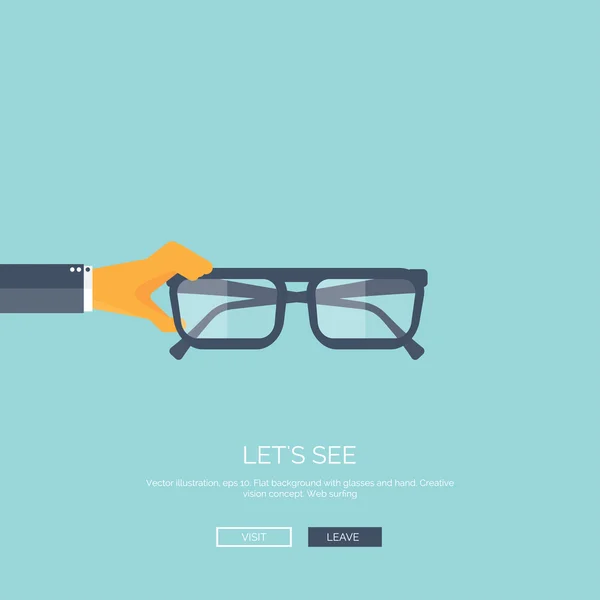 Vektor illustration. Platt bakgrund med hand och glasögon. Låt oss se. Ögonvård och skydd. — Stock vektor