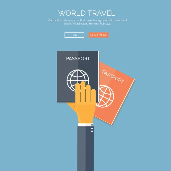Vector illustration. Flat background with hand and passports. Travel. Summer holidays. — Stock Vector
