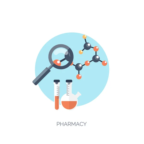 Ilustración vectorial. Fondo médico y químico plano. Investigación, experimento. Asistencia sanitaria, primeros auxilios . — Archivo Imágenes Vectoriales