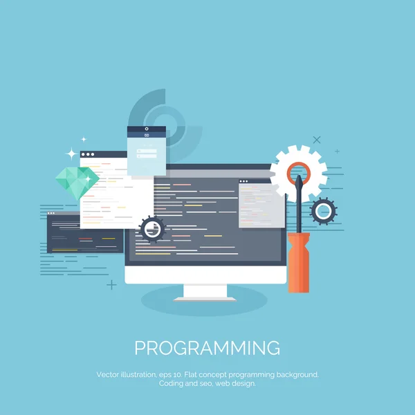 Vektoros illusztráció. Lapos számítástechnikai háttér. Programozás, kódolás. Web fejlesztés és a kutatás. SEO. Innováció, technológiák. Mobil app. fejlesztése, optimalizálása. — Stock Vector