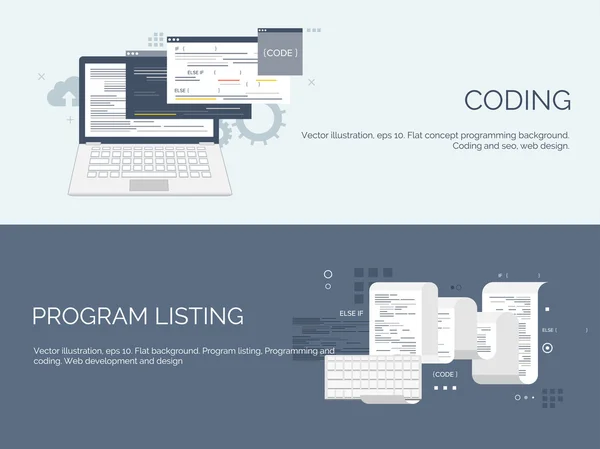 Ilustración vectorial. Fondo de computación plana. Programación, codificación. Desarrollo web y búsqueda. SEO. Innovación, tecnologías. Aplicación móvil. Desarrollo, optimización . — Vector de stock