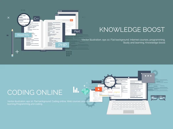 ベクトルの図。フラットのコンピューティングの背景。プログラミング、コーディングします。Web 開発、検索。Seo。革新性と技術。携帯アプリ開発、最適化. — ストックベクタ