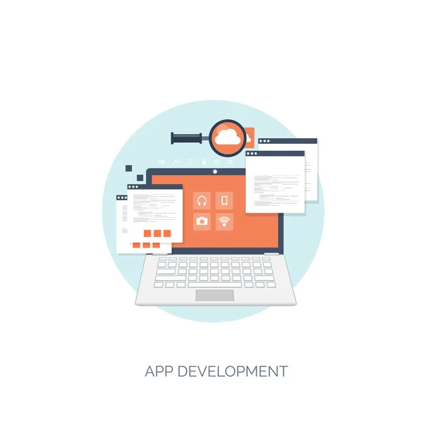ベクトルの図。フラットのコンピューティングの背景。プログラミング、コーディングします。Web 開発、検索。Seo。革新性と技術。携帯アプリ開発、最適化. — ストックベクタ