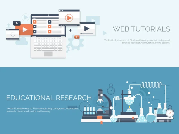 Ilustração vetorial. Fundo de estudo plano definido. Educação e cursos on-line, tutoriais web, e-learning. Estudo, processo criativo. Poder do conhecimento. Tutoriais em vídeo . — Vetor de Stock