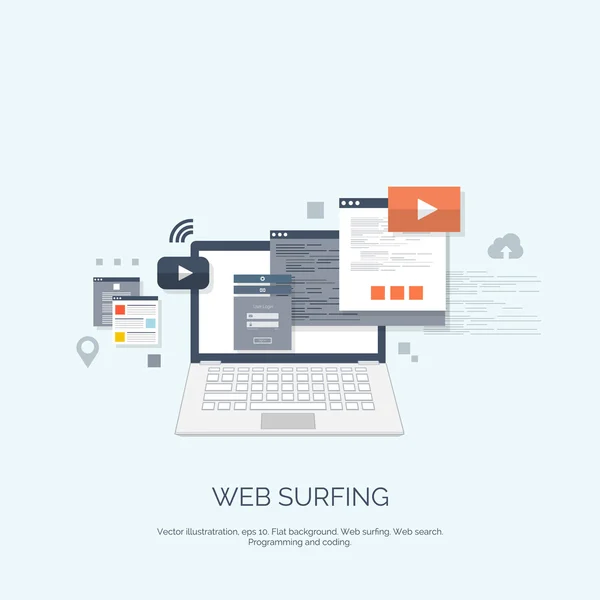 Vectorillustratie. Platte computing achtergrond. Programmering, codering. Webdevelopment en zoeken. SEO. Innovatie, technologieën. Mobiele app. ontwikkeling, optimalisatie. — Stockvector