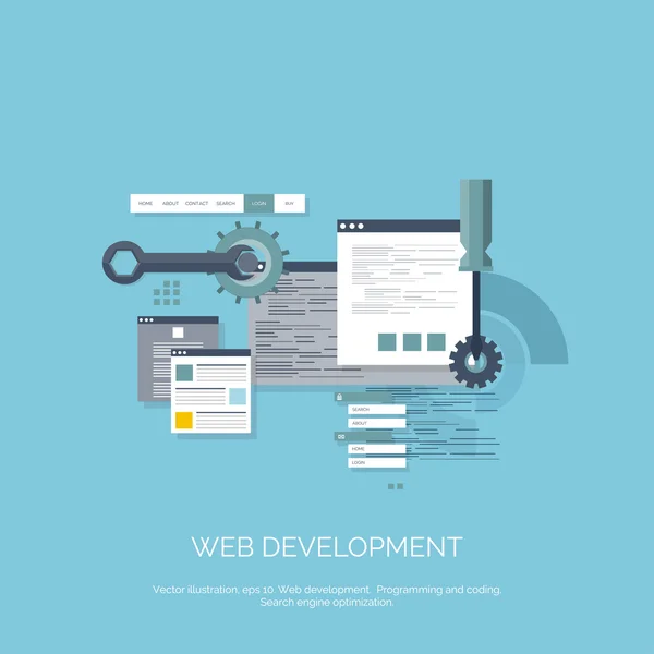 ベクトルの図。フラットのコンピューティングの背景。プログラミング、コーディングします。Web 開発、検索。Seo。革新性と技術。携帯アプリ開発、最適化. — ストックベクタ