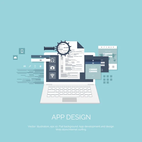 Ilustración vectorial. Fondo de computación plana. Programación, codificación. Desarrollo web y búsqueda. SEO. Innovación, tecnologías. Aplicación móvil. Desarrollo, optimización . — Vector de stock