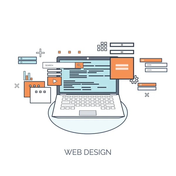 Ilustração vetorial. Plano de fundo da computação. Programação, codificação. Desenvolvimento web e pesquisa. SEO. Inovação, tecnologias. Aplicativo móvel. Desenvolvimento, otimização . — Vetor de Stock