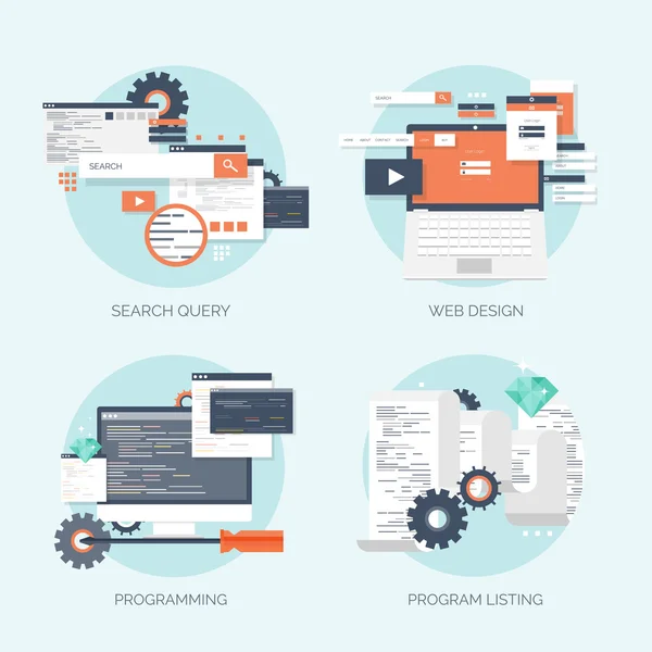 Vektor illustration. Platt computing bakgrund. Programmering, kodning. Webbutveckling och Sök. SEO. Innovation, teknik. Mobila app. utveckling, optimering. — Stock vektor