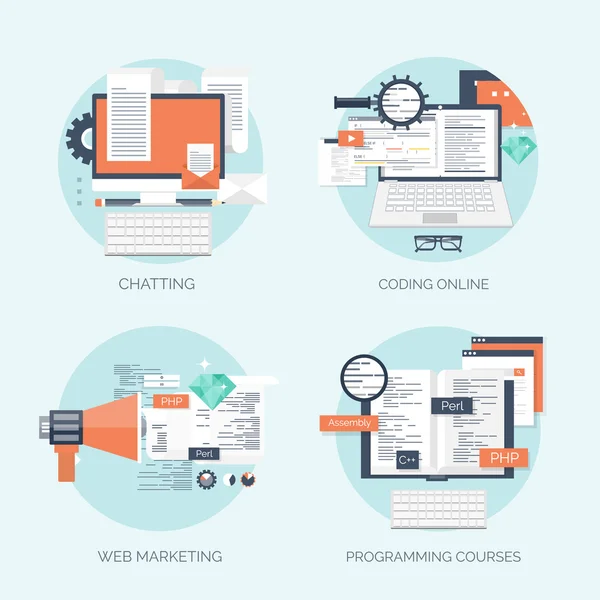 ベクトルの図。フラットのコンピューティングの背景。プログラミング、コーディングします。Web 開発、検索。Seo。革新性と技術。携帯アプリ開発、最適化. — ストックベクタ