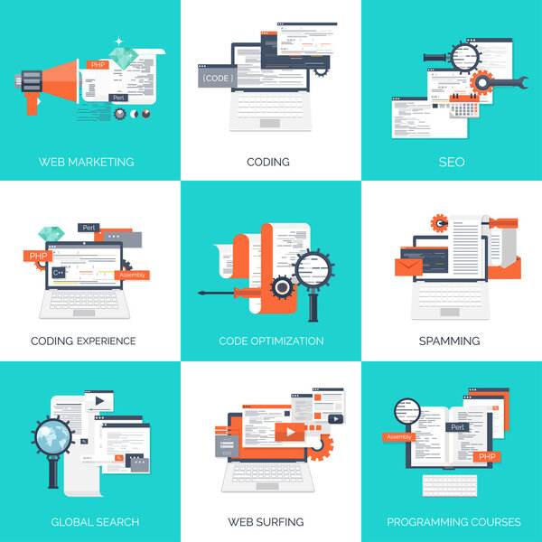 Векторная иллюстрация. Плоский компьютерный фон. Программирование, кодирование. Веб-разработка и поиск. SEO. Инновации, технологии. Мобильное приложение. Разработка, оптимизация
.