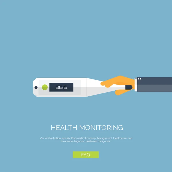 Illustrazione vettoriale. Fondo piatto con termometro a mano e medico. Pronto soccorso e diagnostica . — Vettoriale Stock