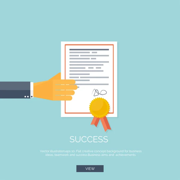 Vektor illustration. Platt bakgrund med hand och vinnare certivicate. Business award. — Stock vektor