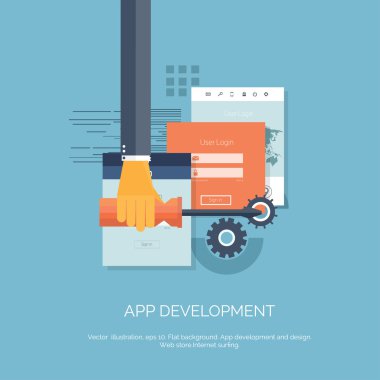 Vektör çizim. Uygulama geliştirme. Düz bilgi işlem arka plan. Programlama ve kodlama. Web geliştirme ve arama. Arama Motoru Optimizasyonu. Yenilik ve teknolojiler. Mobil uygulaması.