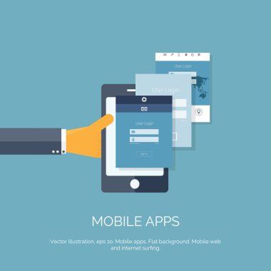 Vektör çizim. Mobil apps. Programlama ve kodlama. Düz UI.