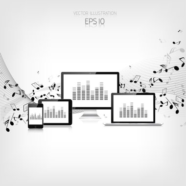 Gerçekçi detalized tablet, dizüstü bilgisayar, akıllı telefon ve monitör ile müzik notlar