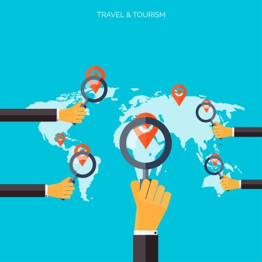 Dünya seyahat kavramı arka plan. Düz simgeler. Turizm kavramı görüntü. Tatil ve tatil. Deniz, okyanus, kara, hava seyahat.