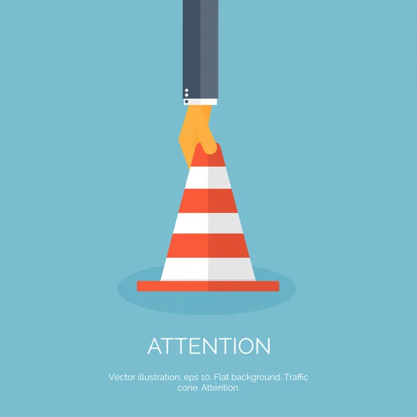 Vector illustration, flat vector attention cone with hand. — Stock Vector