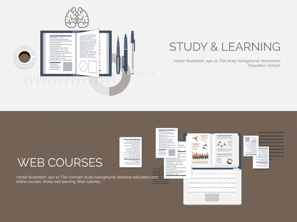 벡터 일러스트입니다. 평면 연구 배경이 설정합니다. 교육 및 온라인 교육 과정, 웹 자습서, e-학습. 연구, 창작 과정입니다. 지식의 힘입니다. 비디오 자습서. — 스톡 벡터