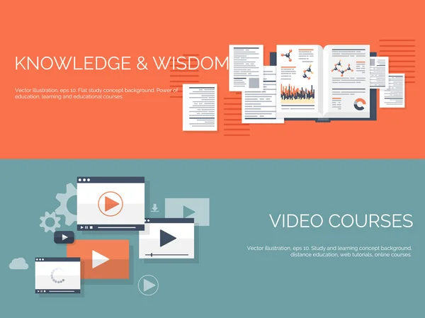ベクトルの図。フラット研究背景を設定します。教育とウェブのチュートリアル、e-ラーニングのオンライン コース。研究では、創造的なプロセス。知識の力。ビデオ チュートリアル. — ストックベクタ