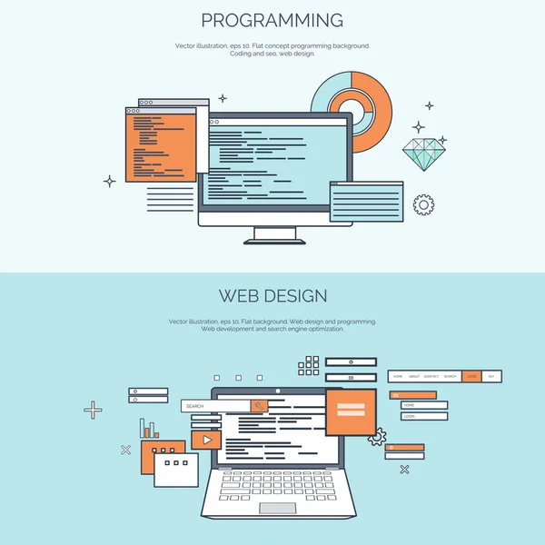 Vektor illustration. Platt computing bakgrund. Programmering, kodning. Webbutveckling och Sök. SEO. Innovation, teknik. Mobila app. utveckling, optimering. — Stock vektor