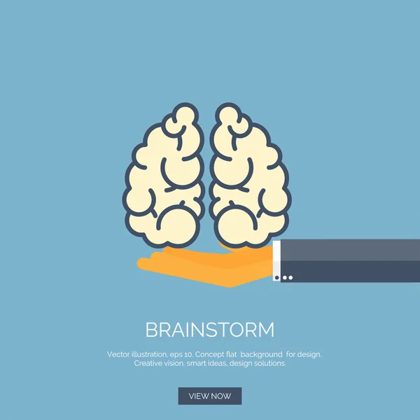 Vektorové ilustrace. Ploché pozadí s rukou a mozkem. Brainstorming, týmové práce. Kreativní vize. — Stockový vektor