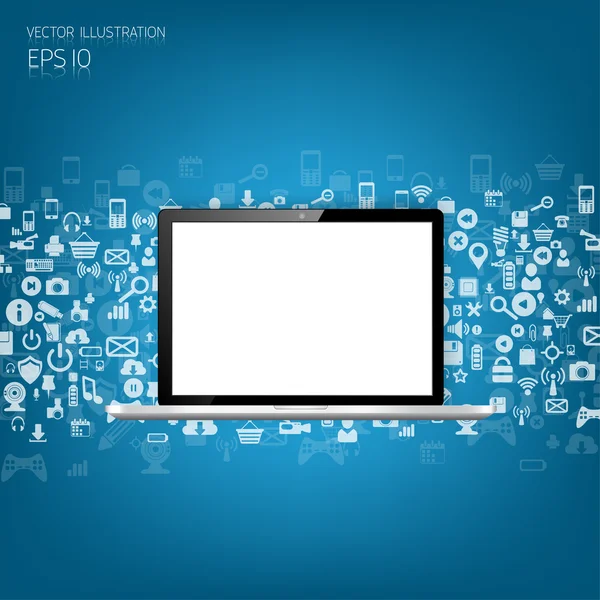 Realistic detalized flat laptop with application icons. — Stock Vector