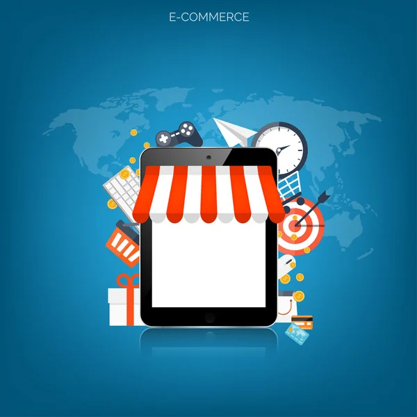 Concepto de compras por Internet. Comercio electrónico. Tienda online. Dinero web y pagos. Pago por clic . — Archivo Imágenes Vectoriales