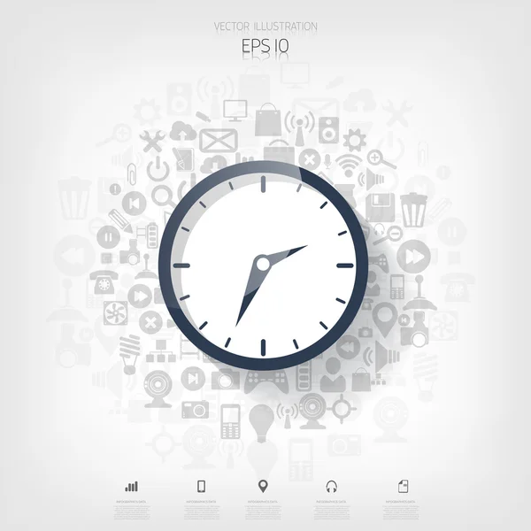 Reloj icono plano. Concepto de hora mundial. Antecedentes. Marketing en Internet. Infografía diaria . — Vector de stock