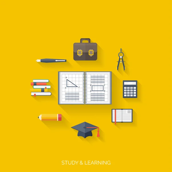 Fondo de educación concepto plano. De vuelta a la escuela. Enseñanza a distancia. Estudio en univercidad . — Vector de stock