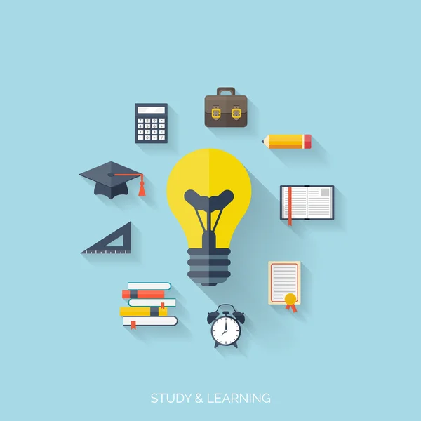 Fondo de educación concepto plano. De vuelta a la escuela. Enseñanza a distancia. Estudio en univercidad . — Vector de stock