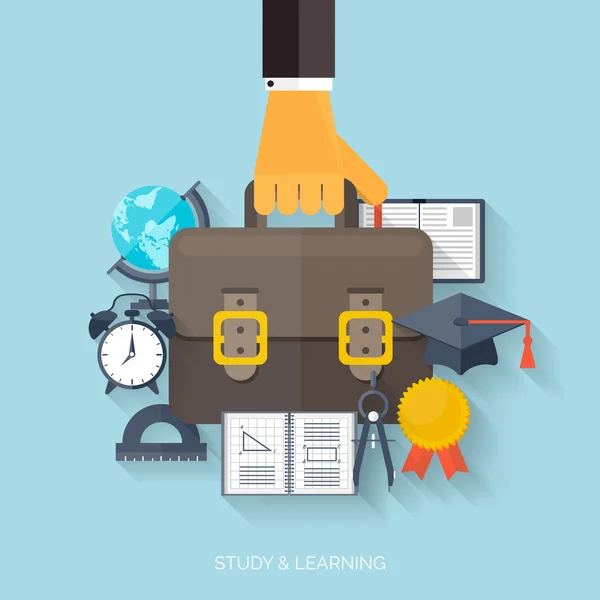 Fondo de educación concepto plano. De vuelta a la escuela. Enseñanza a distancia. Estudio en univercidad . — Vector de stock