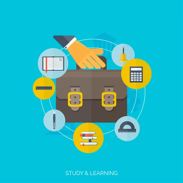 Fondo de educación concepto plano. De vuelta a la escuela. Enseñanza a distancia. Estudio en univercidad . — Archivo Imágenes Vectoriales