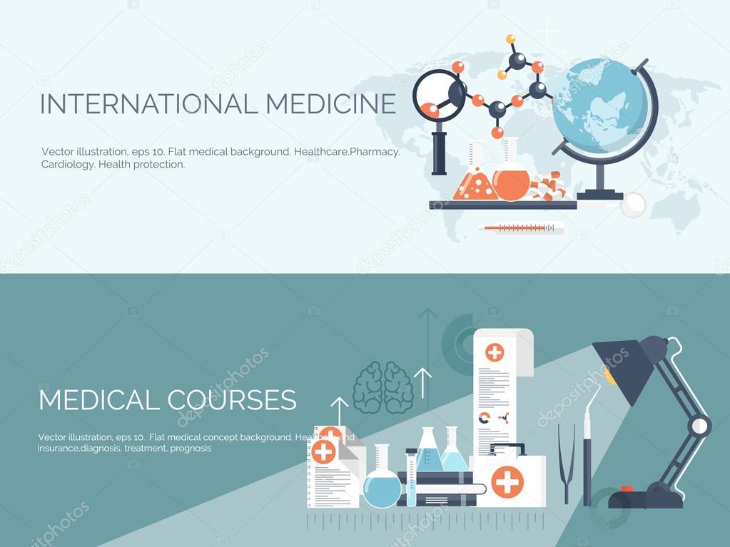 Vector illustration. Flat medical and chemical background. Research, experiment. Healthcare, first aid.