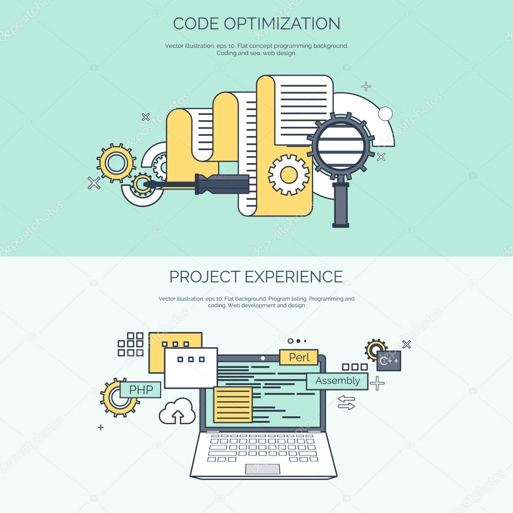 Vector illustration. Flat computing background. Programming,coding. Web development and search. SEO. Innovation, technologies. Mobile app. Development, optimization.