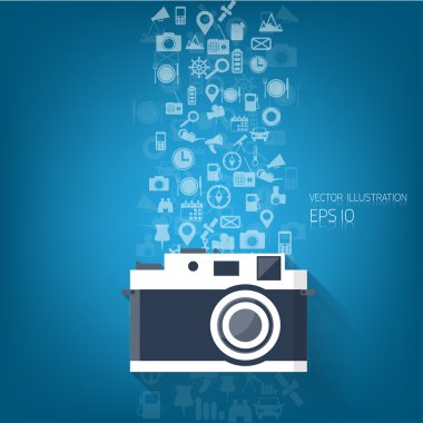 Bacground düz fotoğraf kamera simgesi ile seyahat simgeleri ile.