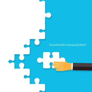 Düz arka plan elleriniz ve bulmacalar. Ekip çalışması yönetimi kavramı. İş, kuruluş çözümleme.