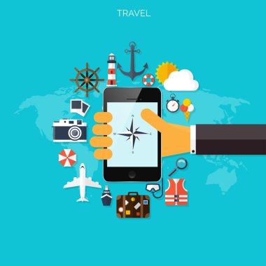 Dünya seyahat kavramı arka plan. Düz simgeler. Turizm kavramı görüntü. Tatil ve tatil. Deniz, okyanus, kara, hava seyahat.