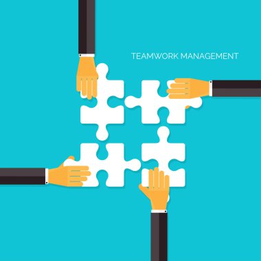 Düz arka plan elleriniz ve bulmacalar. Ekip çalışması yönetimi kavramı. İş, kuruluş çözümleme.