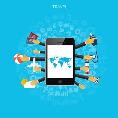 Dünya seyahat kavramı arka plan. Düz simgeler. Turizm kavramı görüntü. Tatil ve tatil. Deniz, okyanus, kara, hava seyahat.