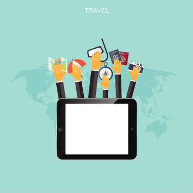 Dünya seyahat kavramı arka plan. Düz simgeler. Turizm kavramı görüntü. Tatil ve tatil. Deniz, okyanus, kara, hava seyahat.