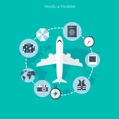 Uçak simgesi. Dünya seyahat kavramı arka plan. Düz simgeler. Turizm kavramı görüntü. Tatil ve tatil. Deniz, okyanus, kara, hava seyahat.