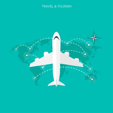 Uçak simgesi. Dünya seyahat kavramı arka plan. Düz simgeler. Turizm kavramı görüntü. Tatil ve tatil. Deniz, okyanus, kara, hava seyahat.